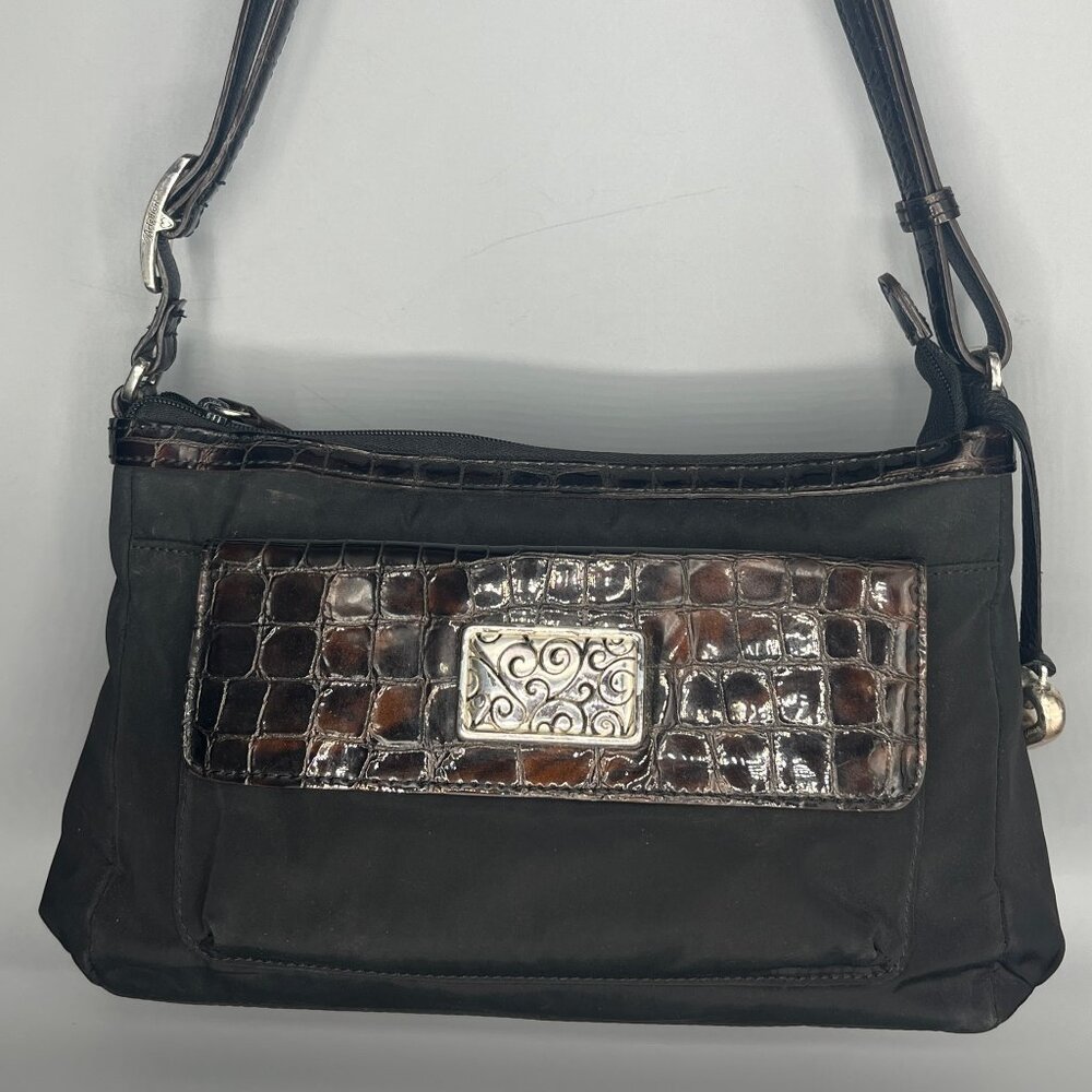 BRIGHTON E976059 BLK NYLONWITH TRIM BROWN CROC EMBOSSED LEATHER SHOULDER/CROSSBO